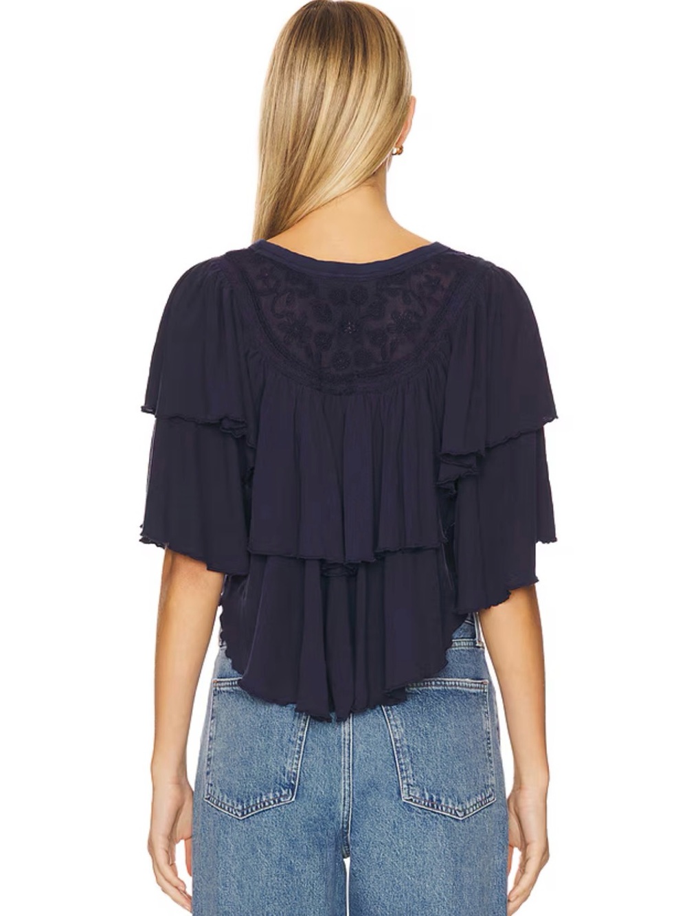 NWT Free People Rose Party Tee Small Navy Embroidered Ruffle Boho Cotton - Picture 5 of 5